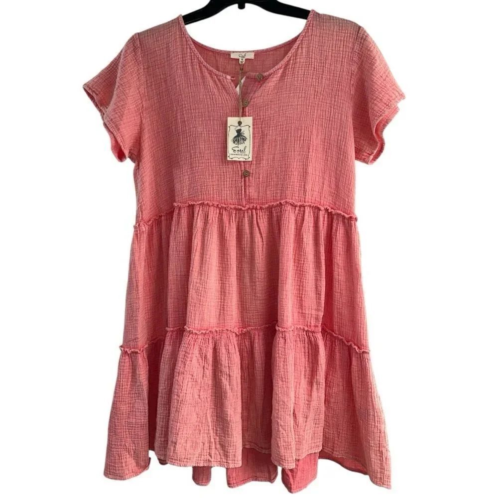 Easel Women's Tiered Cotton Gauze Casual Dress, Short Sleeve Washed Size Medium - Picture 2 of 7